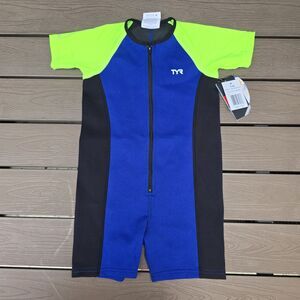 TYR Boys Girls Solid Thermal Swim Suit Zip up Royal Lime Black Size 7/8 New
